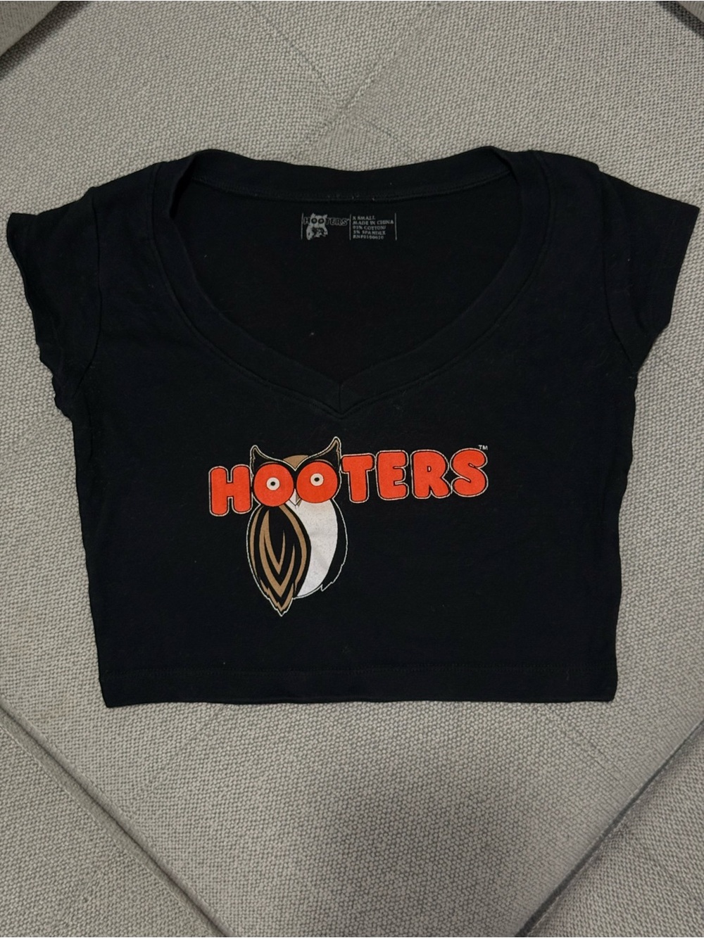 Hooters Black V-Neck Crop Tee with Orange Logo